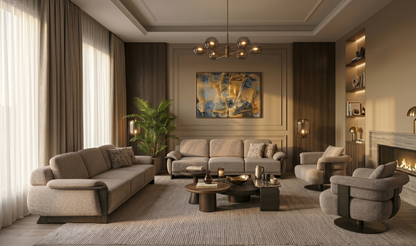 Modern living room with gray sofa, armchair, and coffee table.