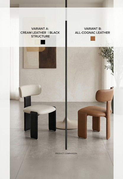 Two chairs with different leather finishes side by side in a minimalistic setting.