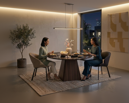 Two women sitting at a dining table in a modern living room with cityscape view.