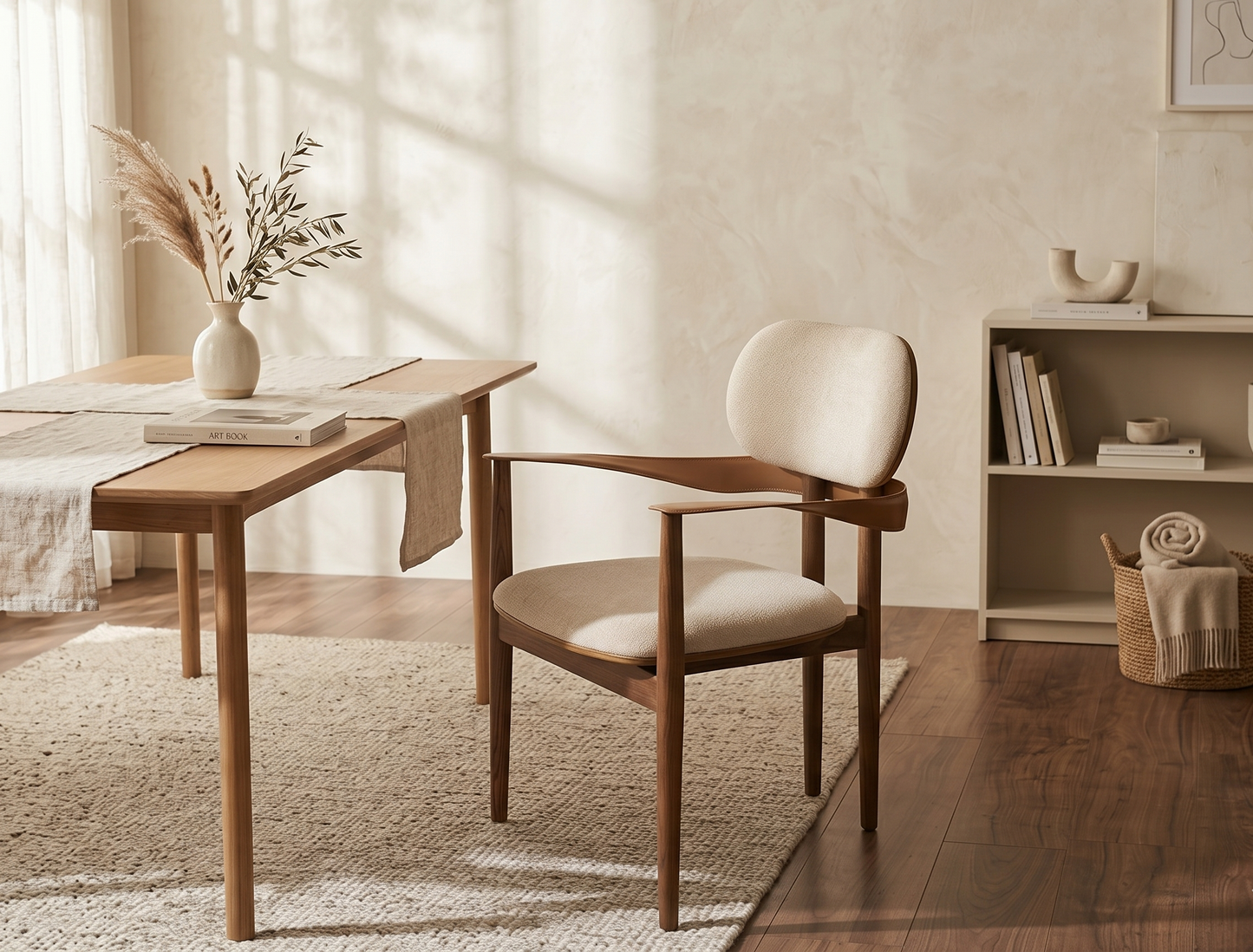 Wooden chair and table set in a bright room with natural light