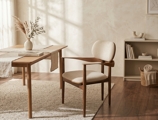Wooden chair and table set in a bright room with natural light