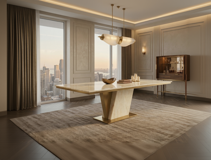 Modern dining room with a large table and cityscape view
