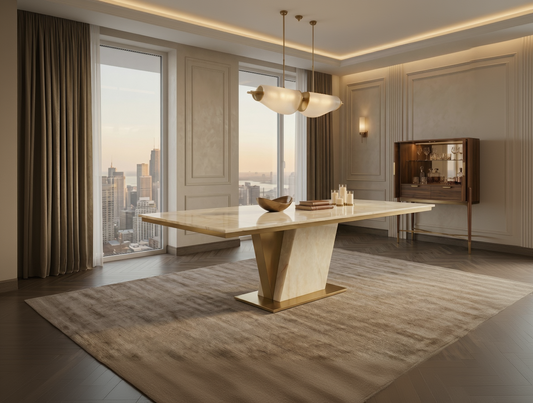 Modern dining room with a large table and cityscape view