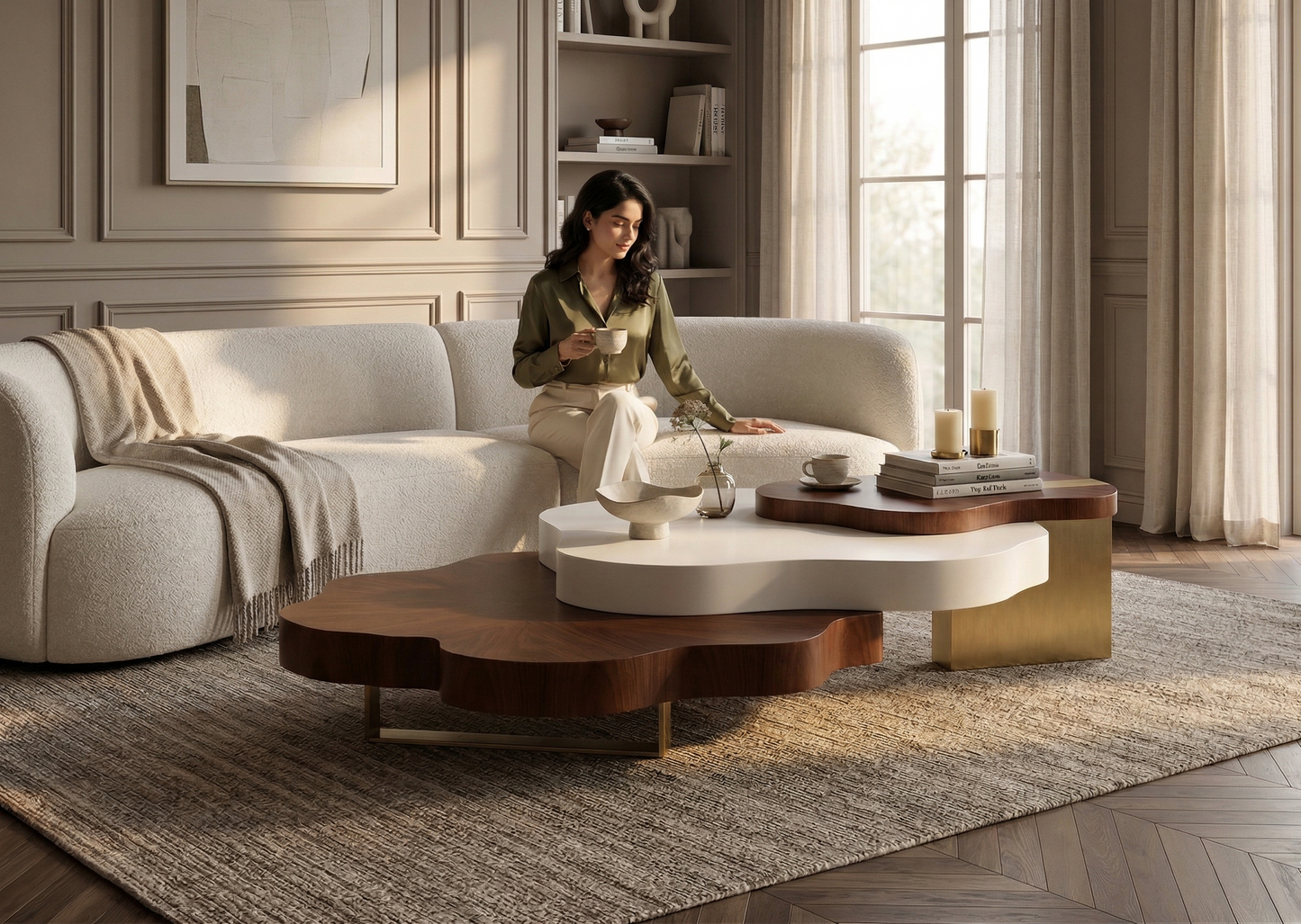 Woman sitting on a couch in a modern living room with a coffee table.