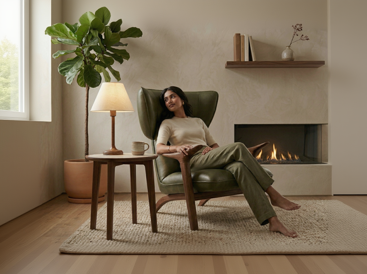 Woman sitting in a green armchair in a cozy living room with a fireplace.
