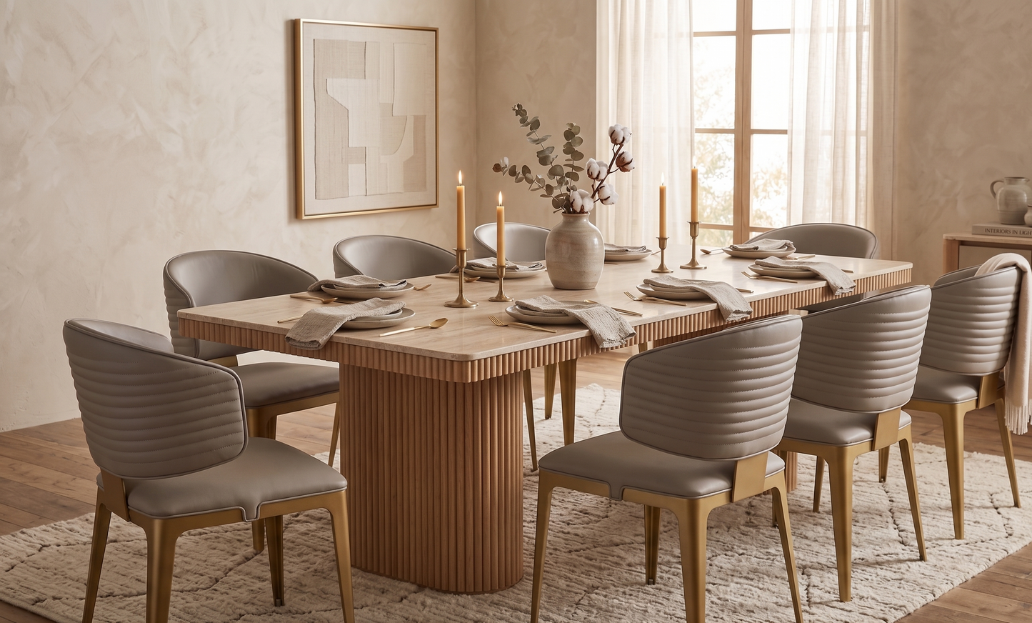 Dining room with a wooden table and chairs, candles, and a vase.