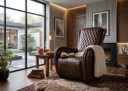Cozy living room with a brown armchair, fireplace, and large windows.