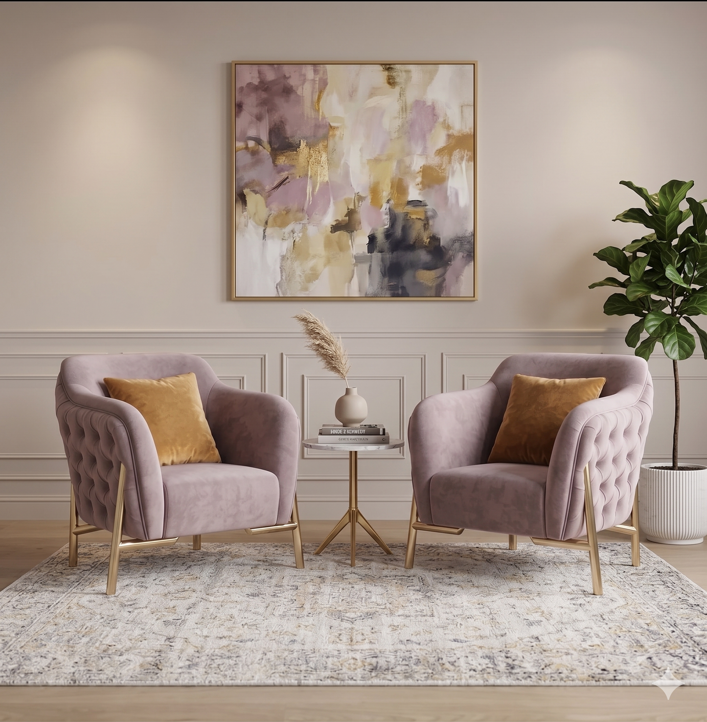 Two pink armchairs with gold legs in a living room setting with a abstract painting on the wall.
