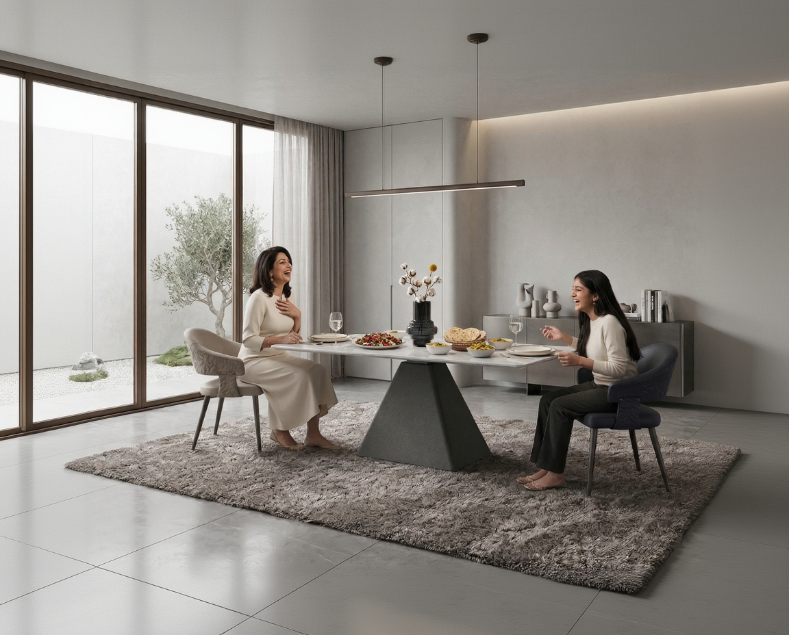 Two women sitting at a modern dining table in a stylish room with large windows.