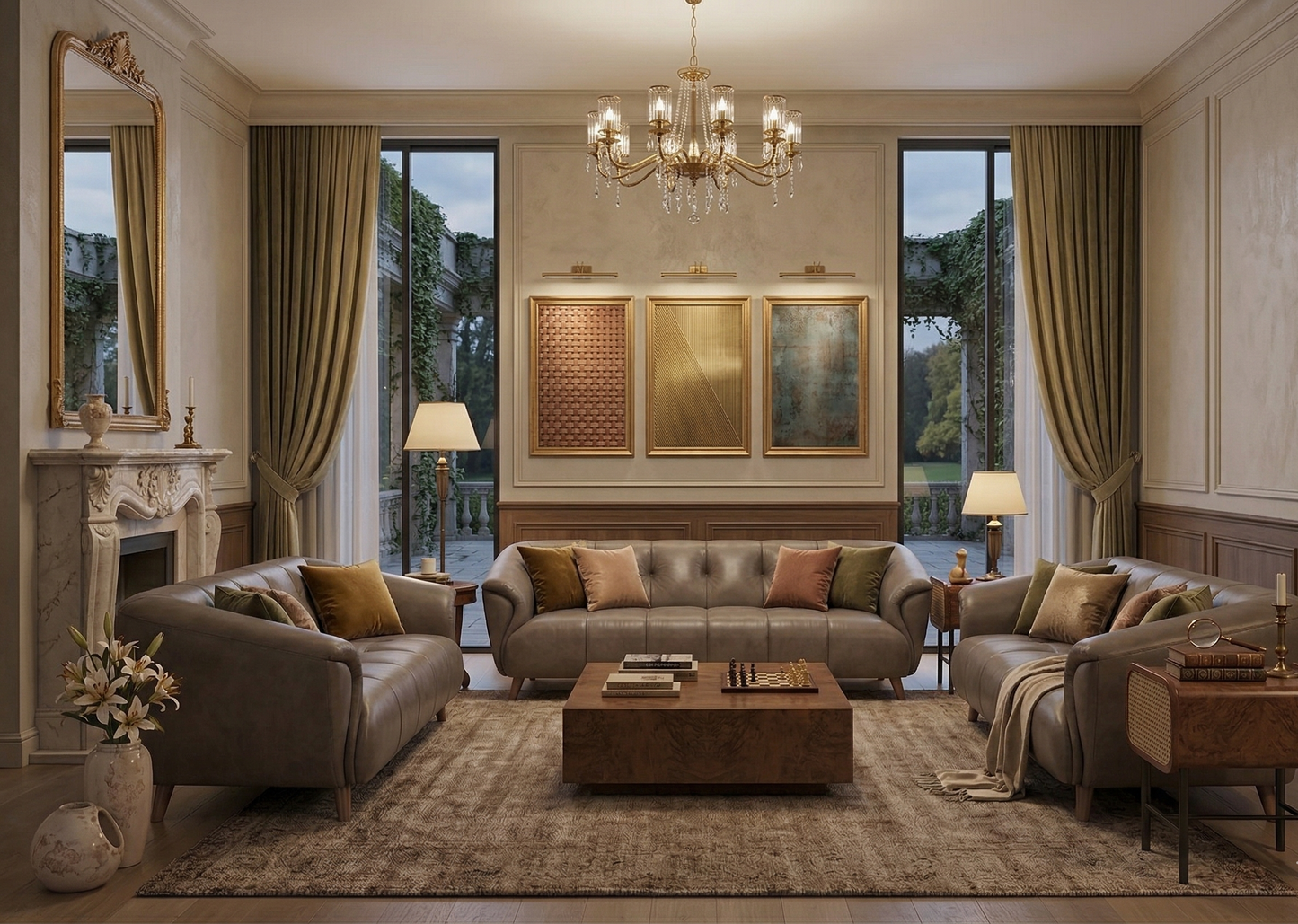 Luxurious living room with beige sofas, a coffee table, and decorative elements.