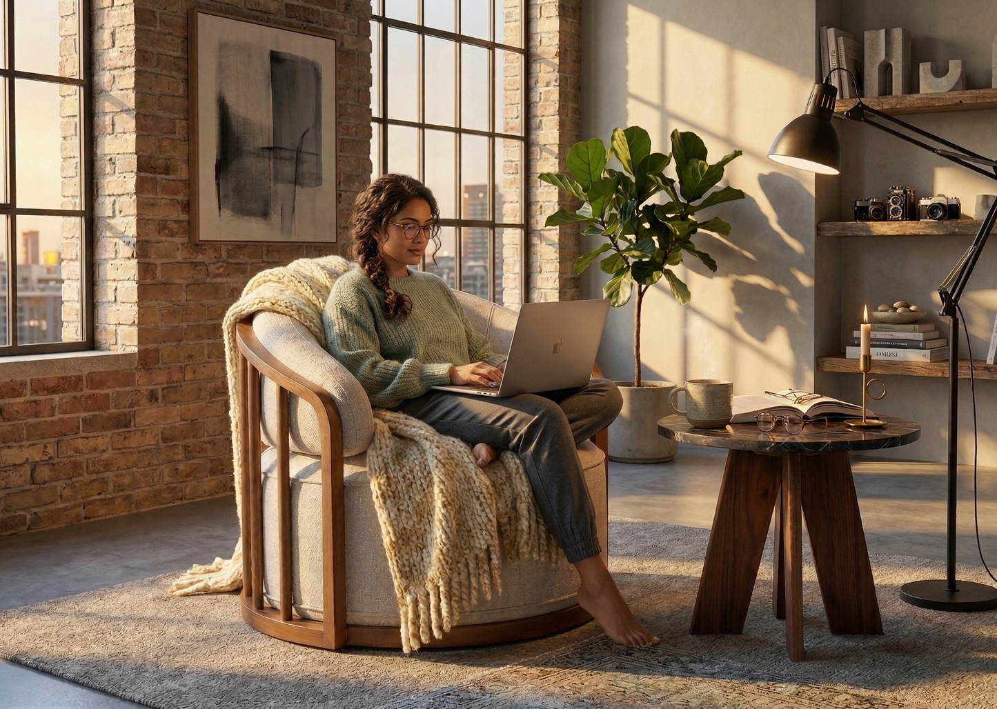 Person using a laptop in a cozy living room with a large window and bookshelf.