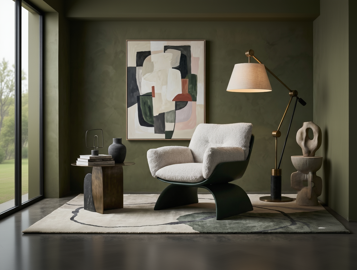 Modern living room with a white armchair, abstract painting, and decorative lamp.