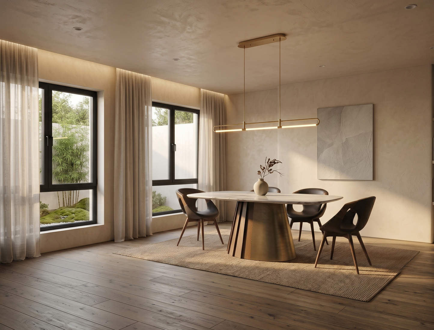 Modern dining room with a large window, round table, and chairs.