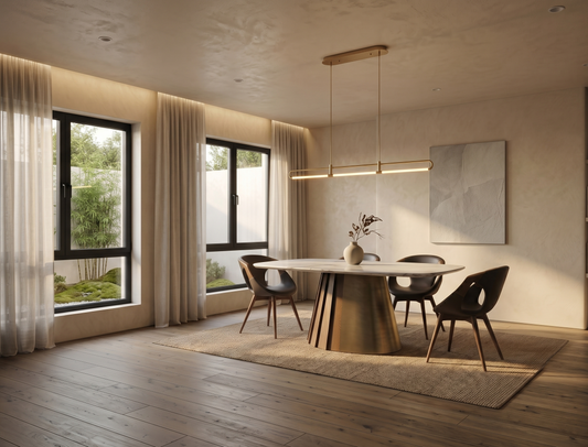 Modern dining room with a large window, round table, and chairs.