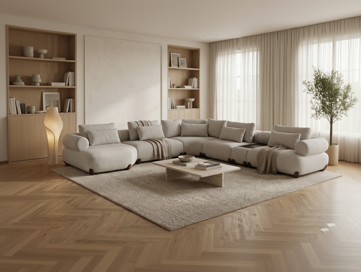 Modern living room with a large sectional sofa, coffee table, and bookshelves.
