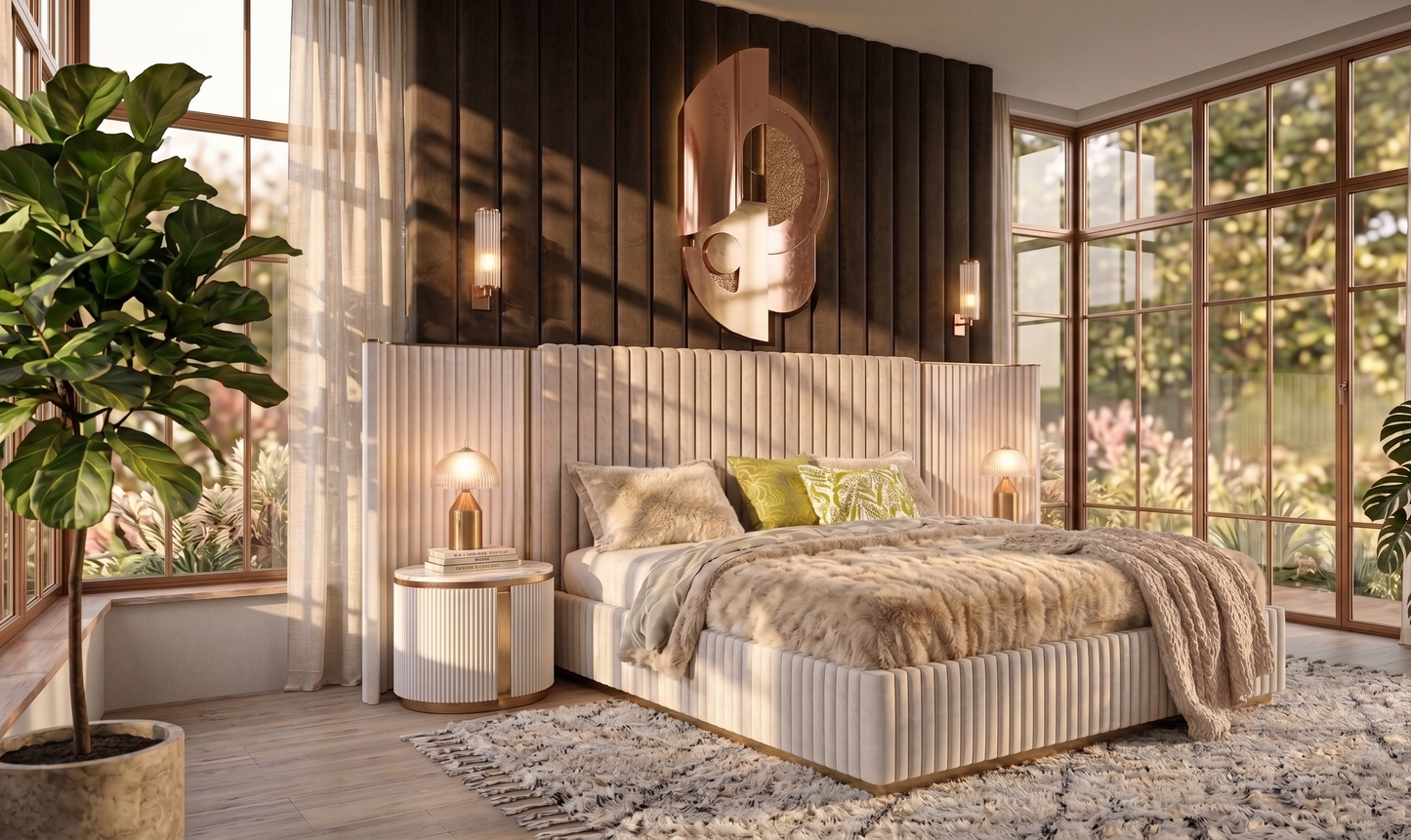 Modern bedroom with large windows, decorative headboard, and plants.