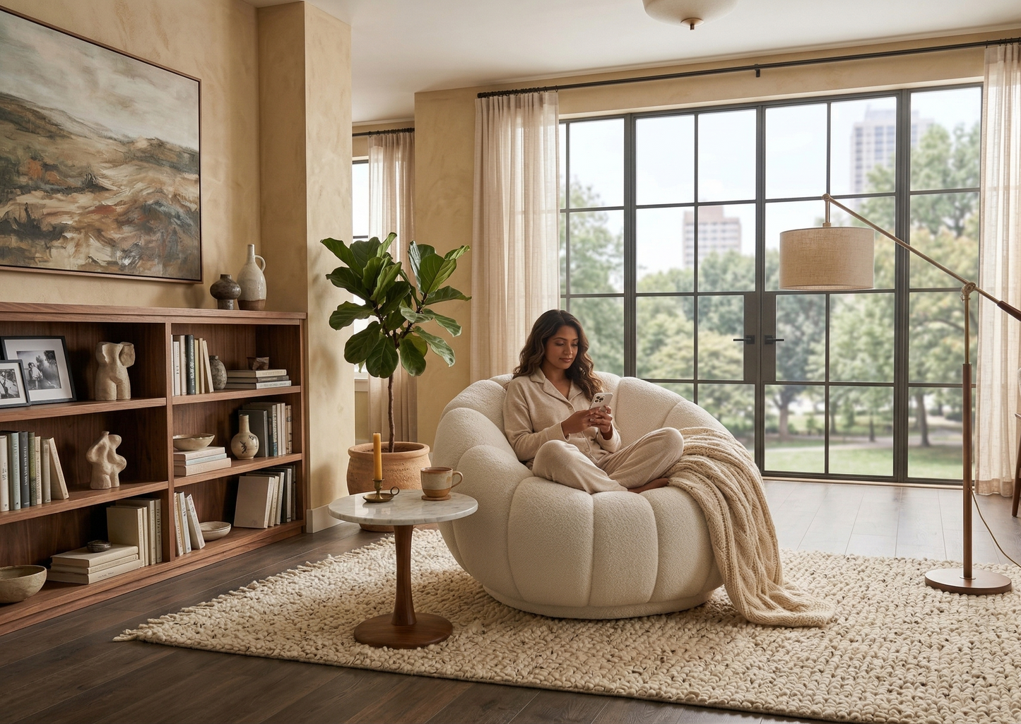Woman sitting in a cozy armchair with a blanket, surrounded by a warm and inviting living room.