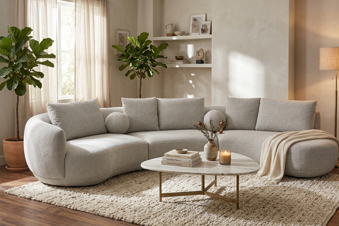 Modern living room with a gray sectional sofa, coffee table, and decorative elements.