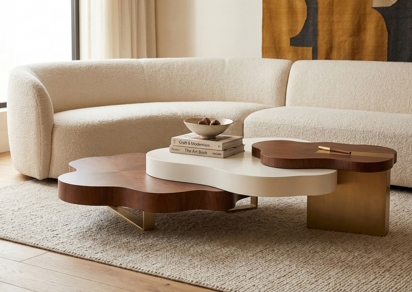 Modern living room with a beige sofa and a unique wooden coffee table.