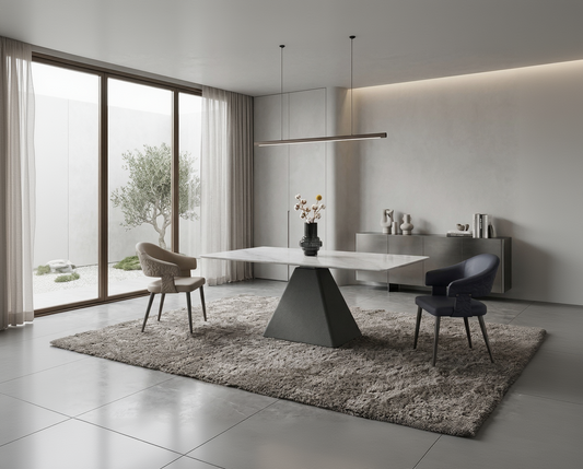 Modern dining room with a white table, chairs, and decorative elements.