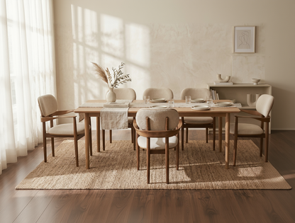 Dining room with wooden table and chairs in a well-lit room.
