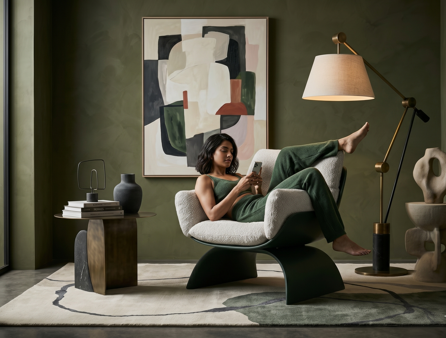 Woman relaxing in a modern chair with a book, surrounded by decorative items in a stylish room.