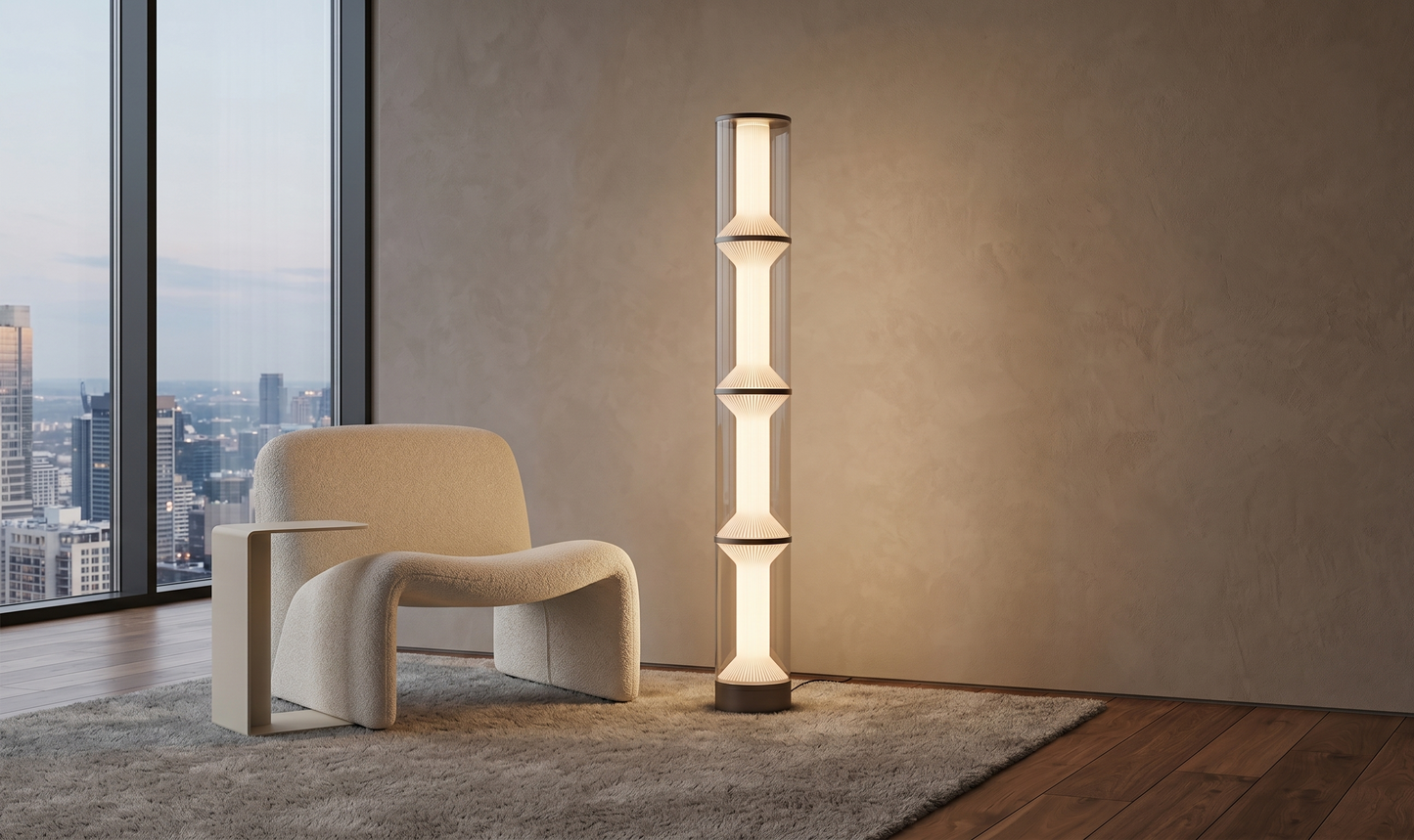 Modern floor lamp in a stylish room with a cityscape view