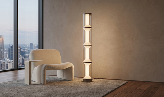 Modern floor lamp in a stylish room with a cityscape view