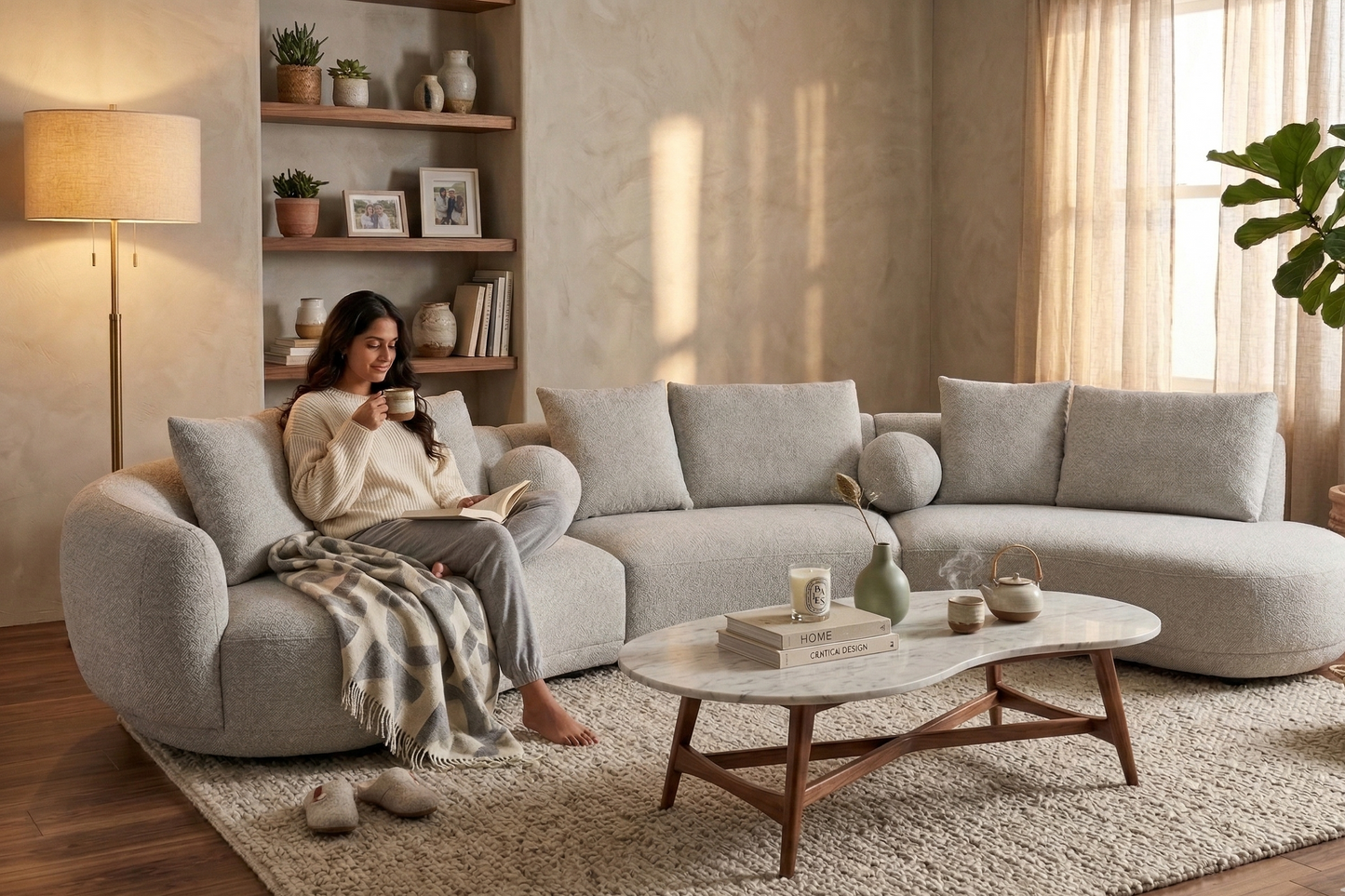 Woman sitting on a gray sectional sofa in a cozy living room with a coffee table and decor.