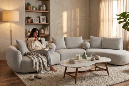 Woman sitting on a gray sectional sofa in a cozy living room with a coffee table and decor.