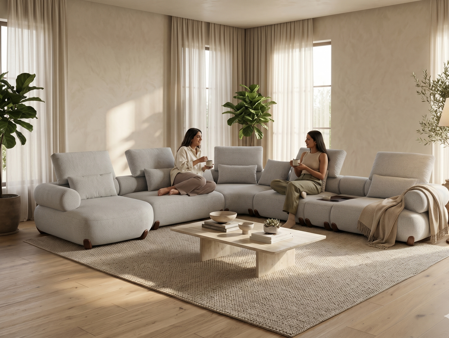 Modern living room with a large sectional sofa, coffee table, and two women sitting.