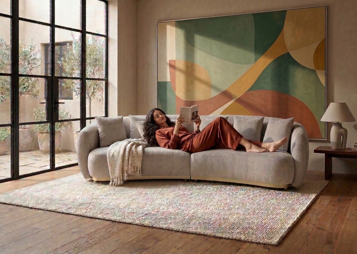 Woman reading a book on a gray sectional sofa in a modern living room with abstract art on the wall.
