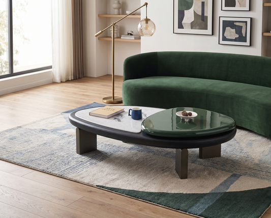 Modern living room with a green sofa, round coffee table, and abstract art on the wall.