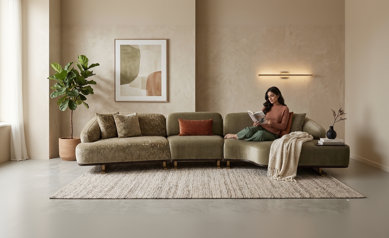 Woman reading a book on a modern sectional sofa in a stylish living room.