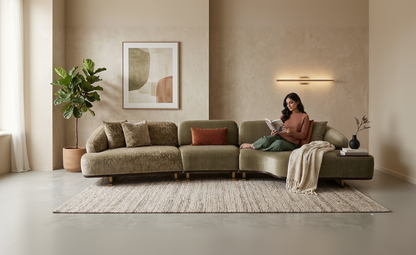 Woman reading a book on a modern sectional sofa in a stylish living room.