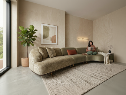 Woman reading a book on a modern beige sofa in a stylish living room.