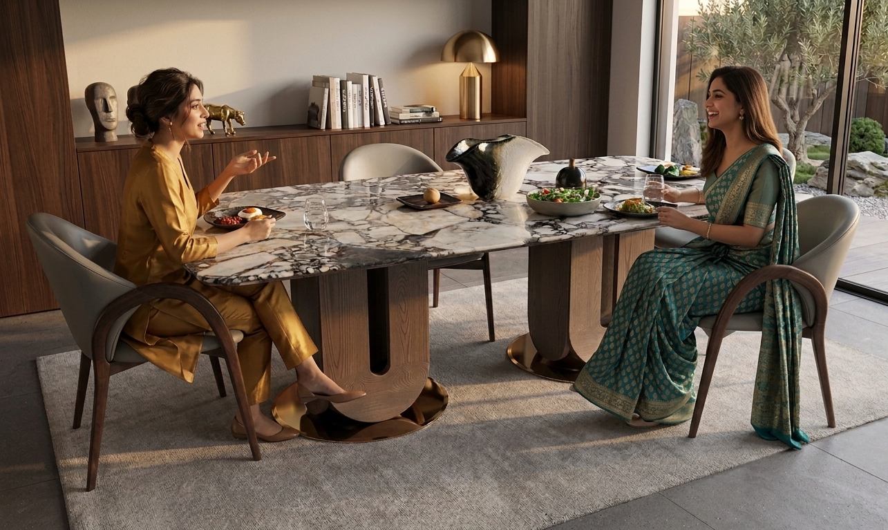 Two women sitting at a modern dining table in a stylish room.