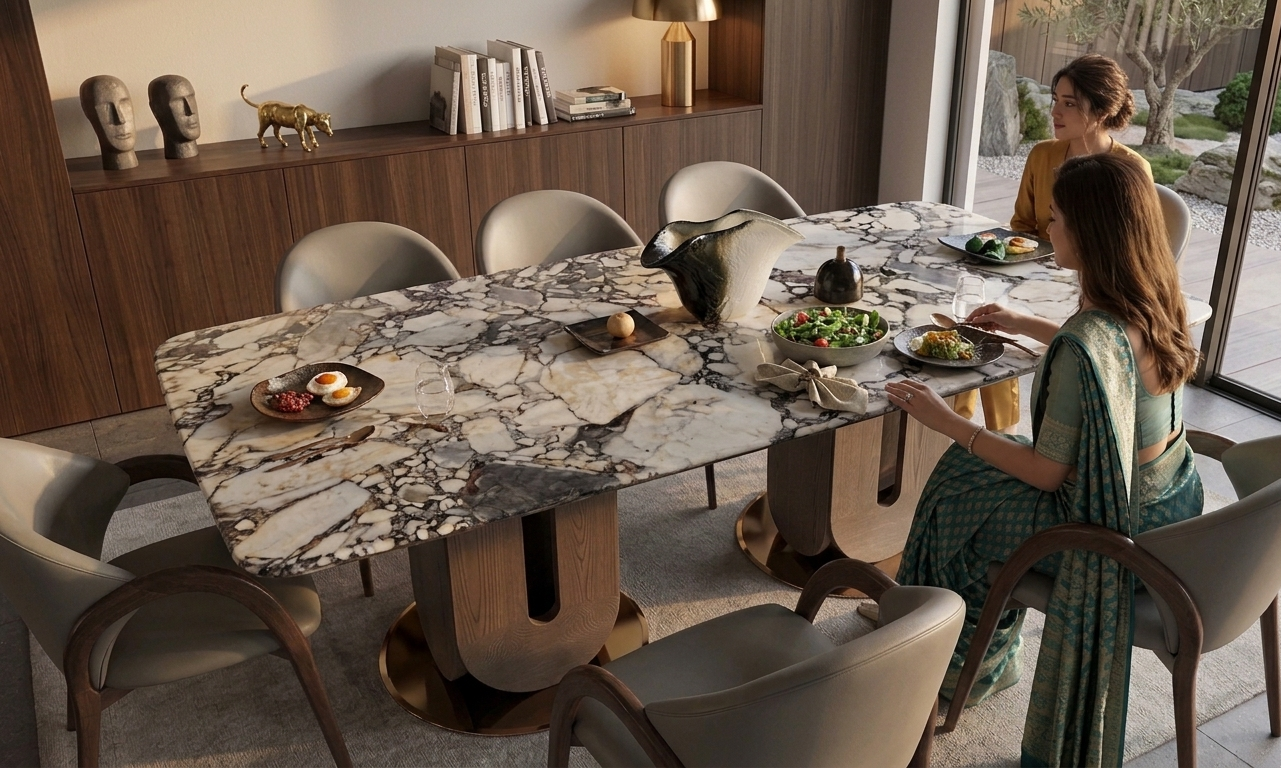 Two women sitting at a marble dining table in a modern kitchen.