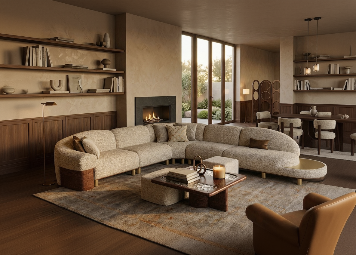 Modern living room with a sectional sofa, coffee table, and fireplace.