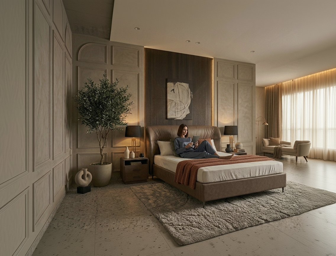 Modern bedroom with a woman sitting on a bed, surrounded by decor elements.