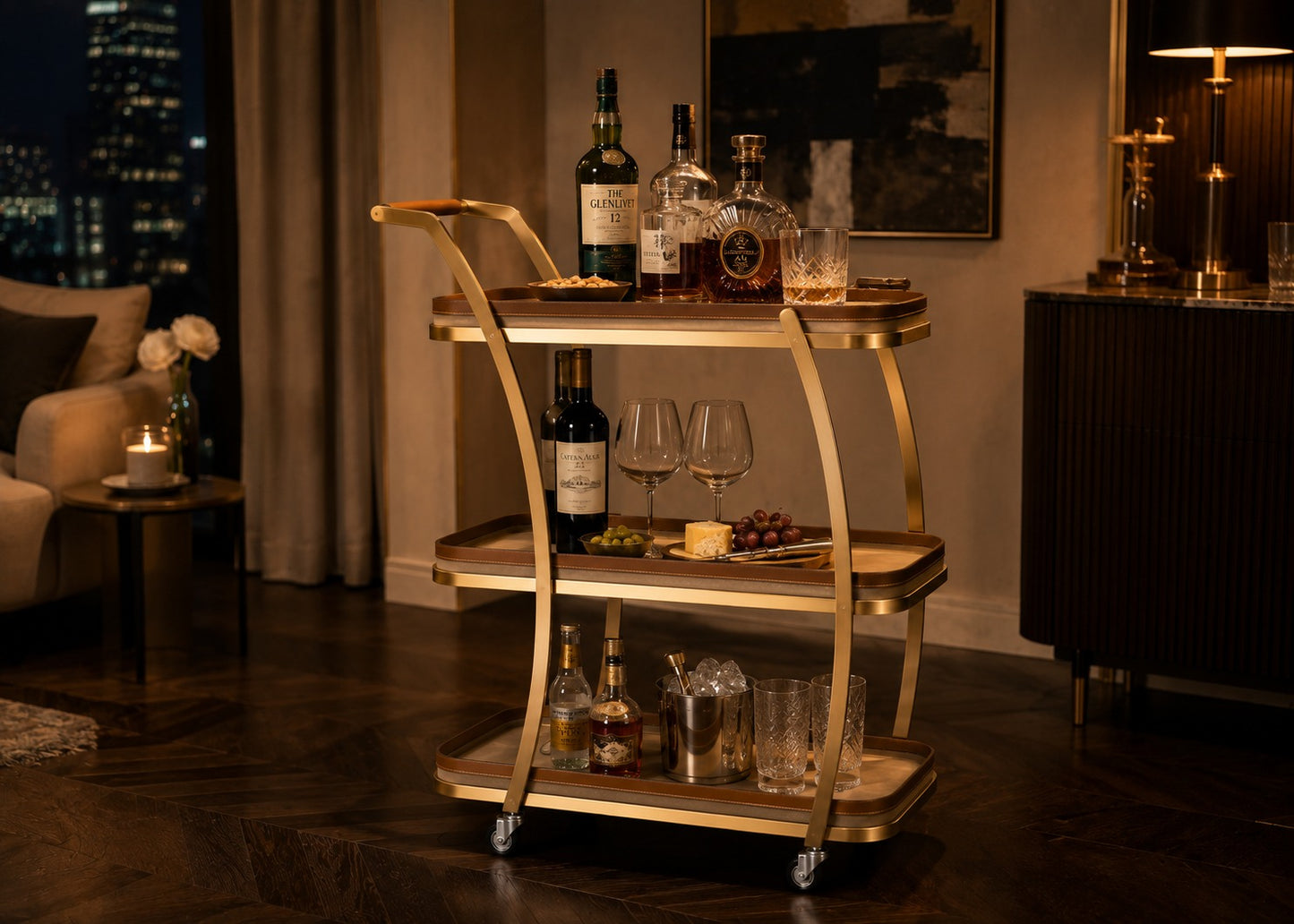 Bar cart with wine bottles and glasses in a dimly lit room