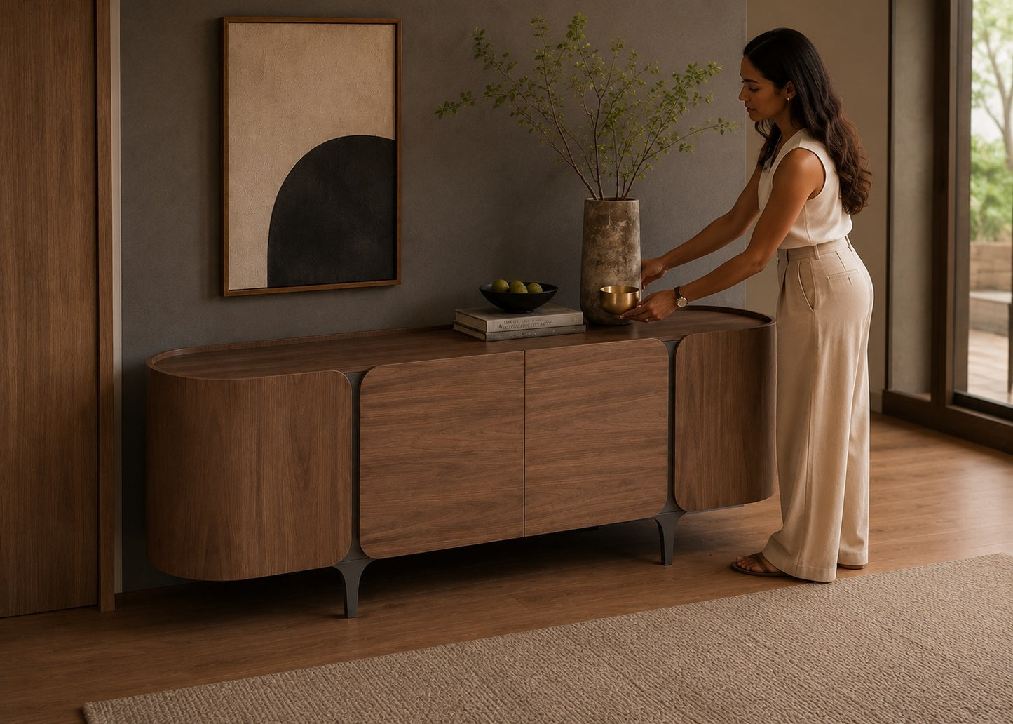 A woman in a beige sleeveless top and wide-leg pants stands beside a curved mid-century modern wooden sideboard in a warm, minimalist room. The sideboard has dark metal legs and is styled with books, a vase of branches, and fruit.