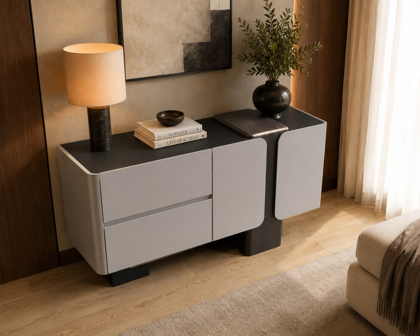 Modern sideboard in a living room setting with decor items.