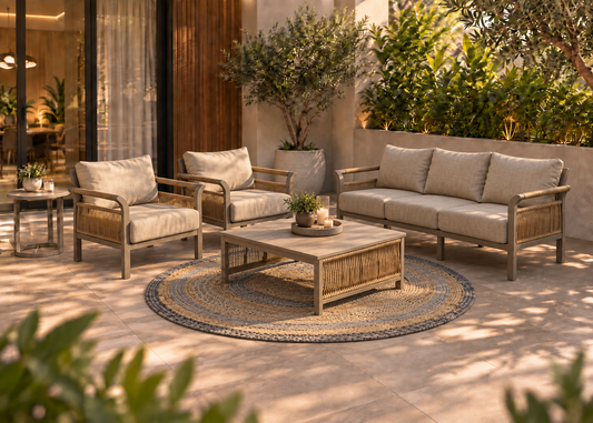Outdoor patio furniture set with a three-seat sofa, two armchairs, a rectangular coffee table, and a round woven rug in a modern garden patio setting.