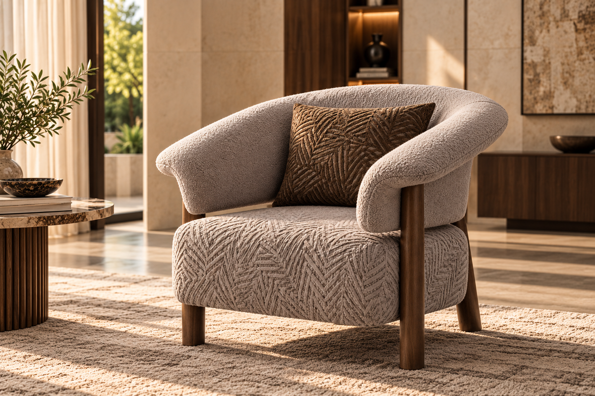 Lune accent chair solo three quarter view with flowing sculptural arms, taupe textured upholstery, petal-pattern seat fabric and walnut-toned supports