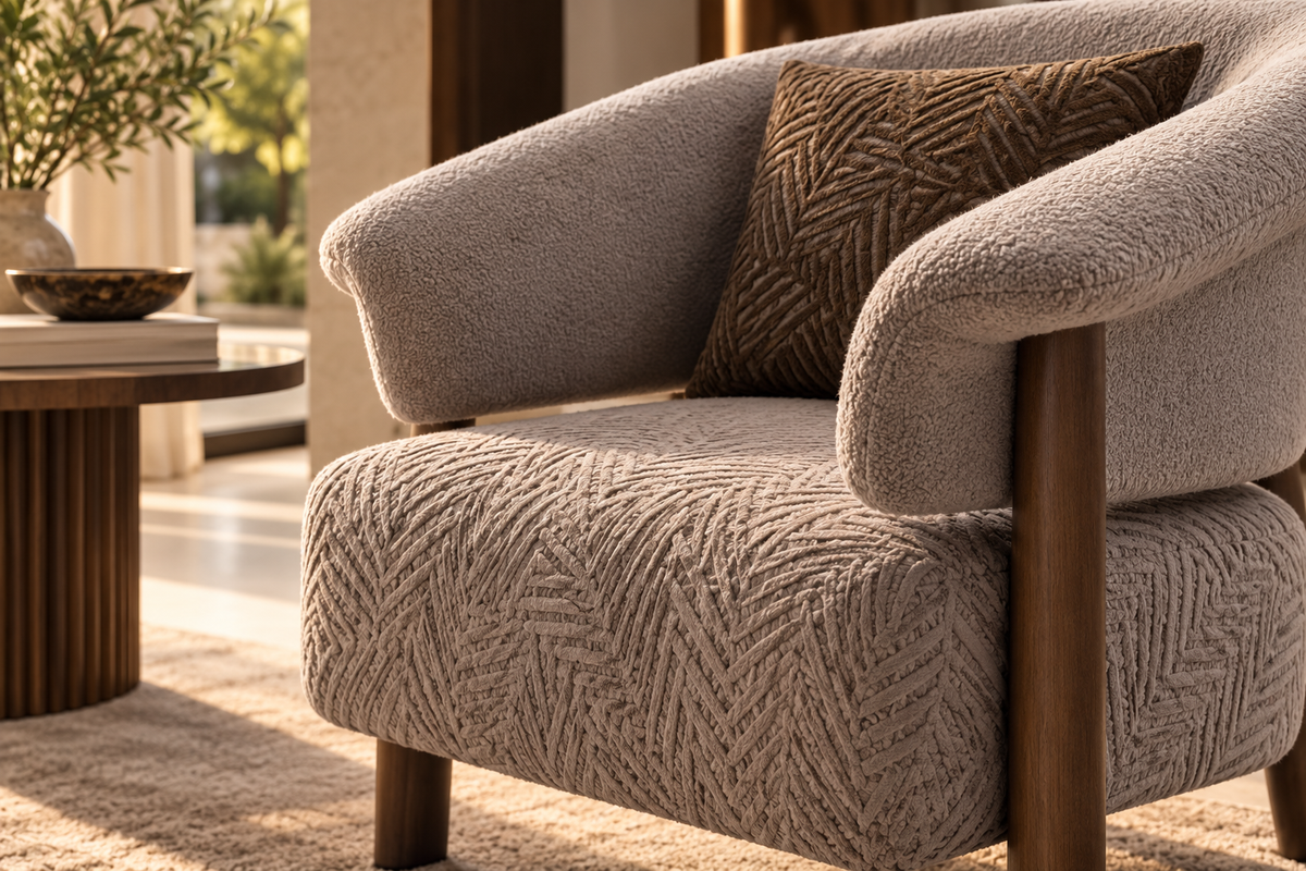 Macro closeup of Lune accent chair petal patterned raised textured seat fabric, boucle style arms and wood support detail