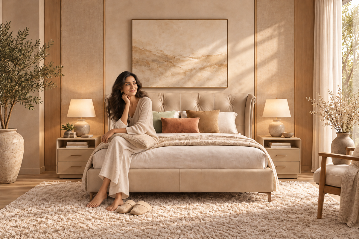 Alba Bed Soft Beige lifestyle with woman seated on bed in contemporary luxury bedroom
