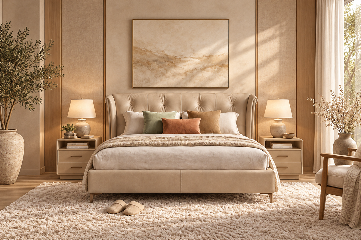 Alba Bed Soft Beige in warm neutral luxury bedroom with matching nightstands