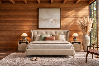 Alba Bed Soft Beige with matching nightstands in warm wood-panelled bedroom