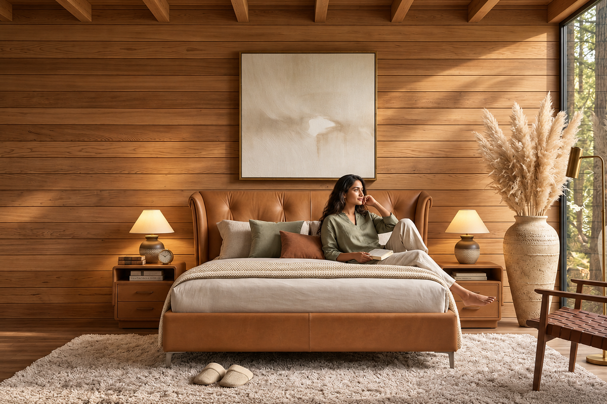 Alba Hand-Knit Leather Bed in cognac leather with matching leather nightstands in a warm luxury bedroom